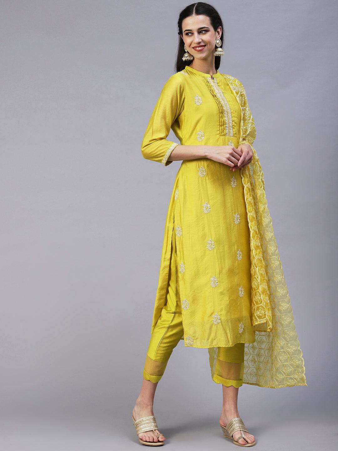 Ethnic Embroidered Straight Kurta with Pant & Dupatta - Yellow - Indiakreations