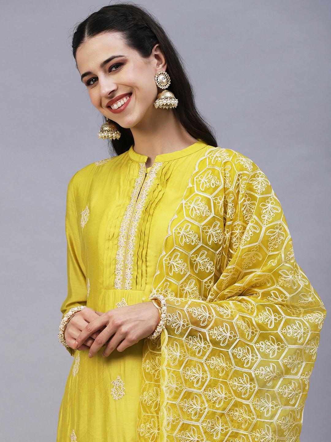 Ethnic Embroidered Straight Kurta with Pant & Dupatta - Yellow - Indiakreations