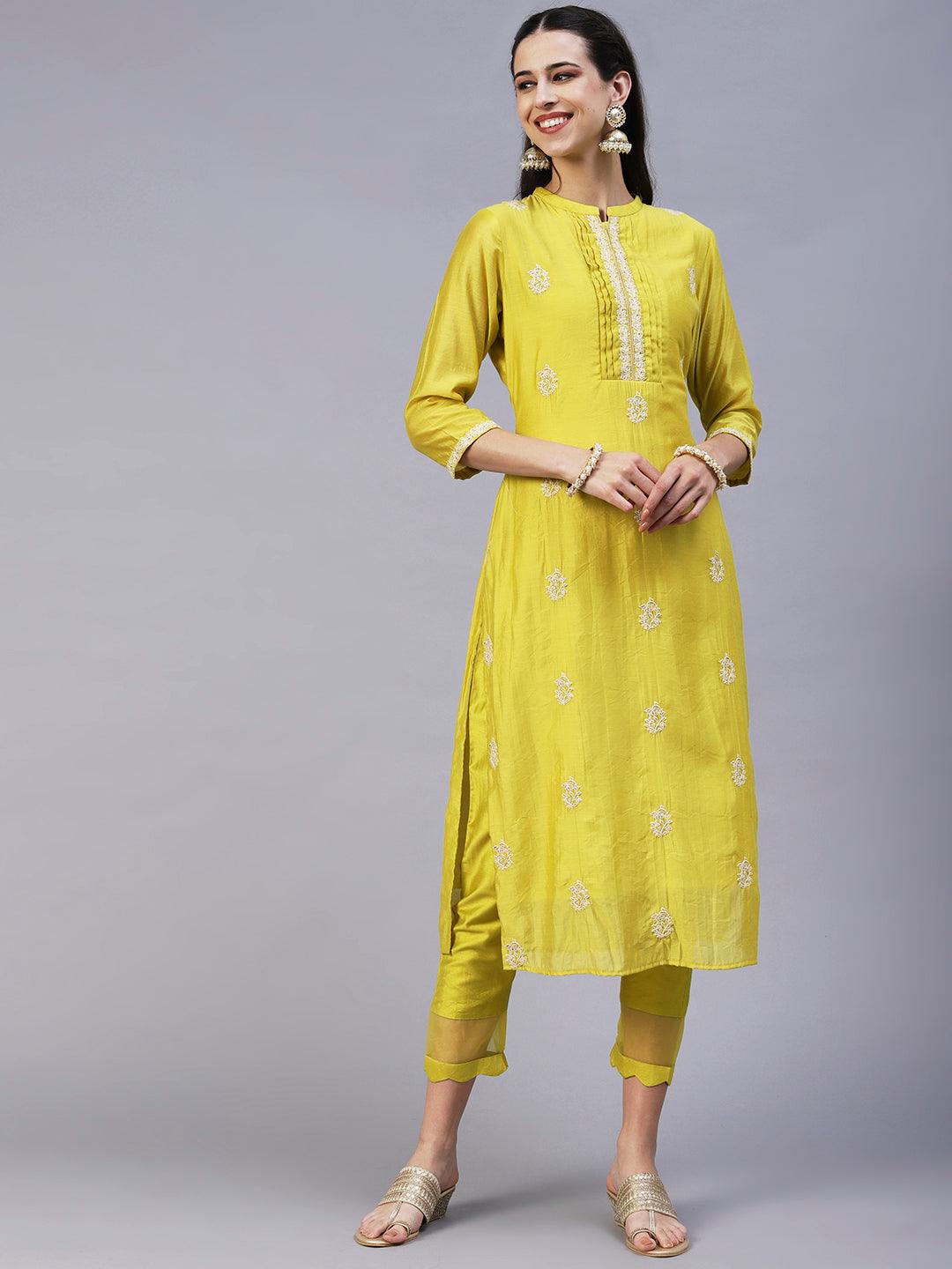 Ethnic Embroidered Straight Kurta with Pant & Dupatta - Yellow - Indiakreations