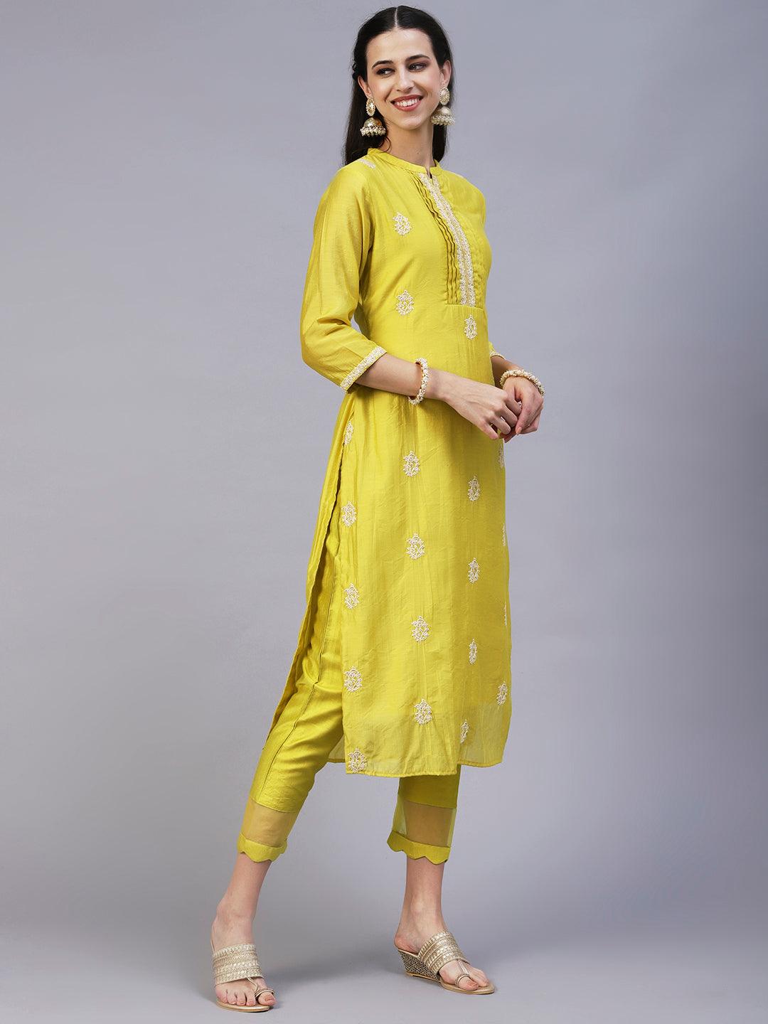 Ethnic Embroidered Straight Kurta with Pant & Dupatta - Yellow - Indiakreations