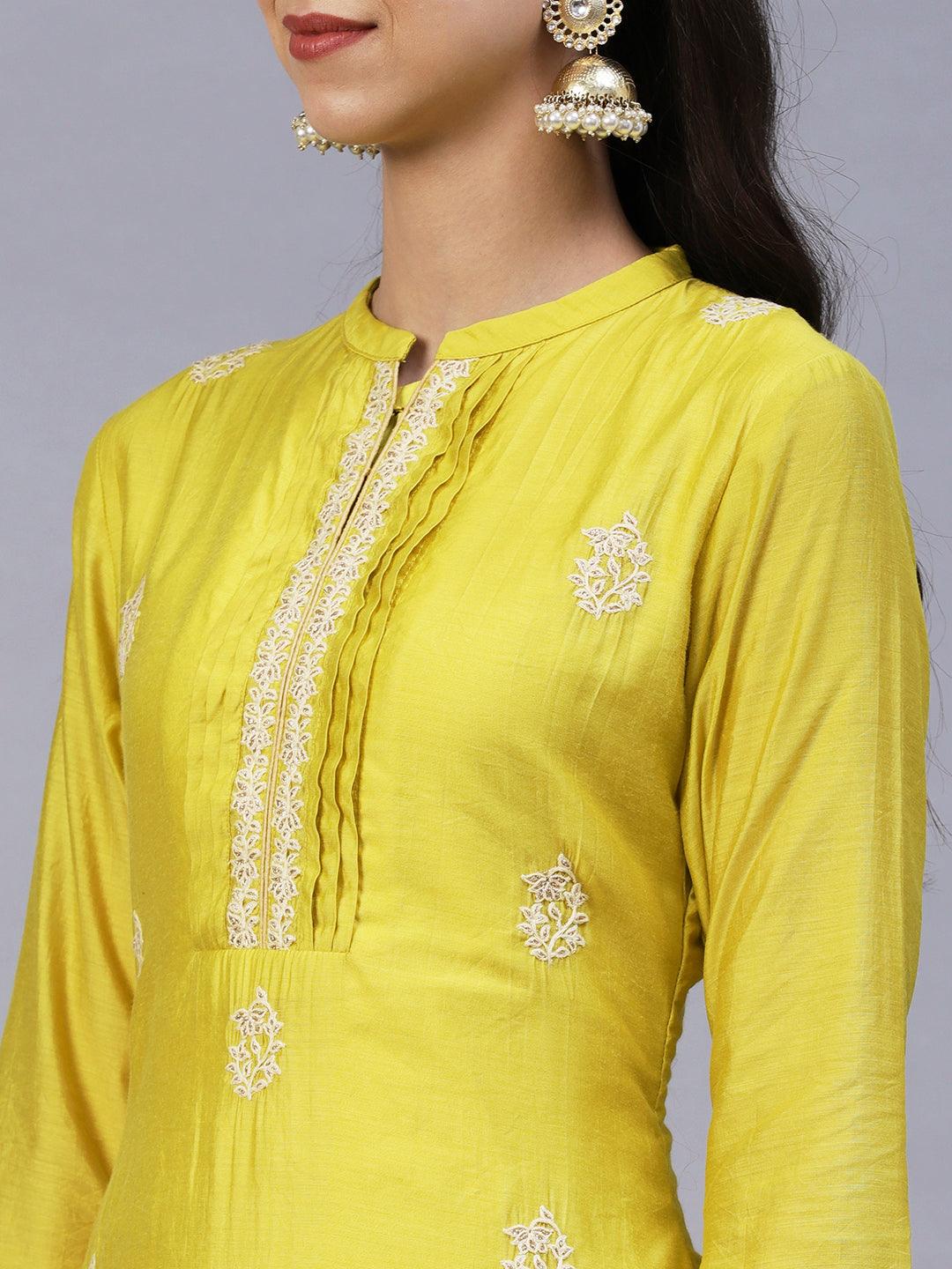 Ethnic Embroidered Straight Kurta with Pant & Dupatta - Yellow - Indiakreations