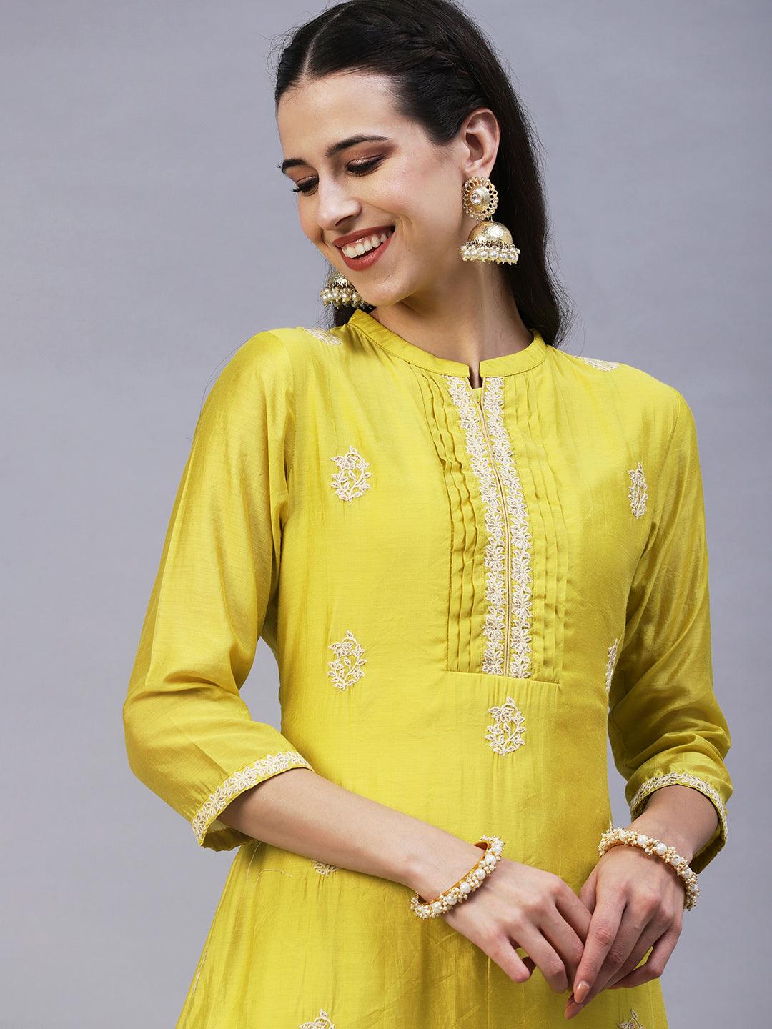 Ethnic Embroidered Straight Kurta with Pant & Dupatta - Yellow - Indiakreations