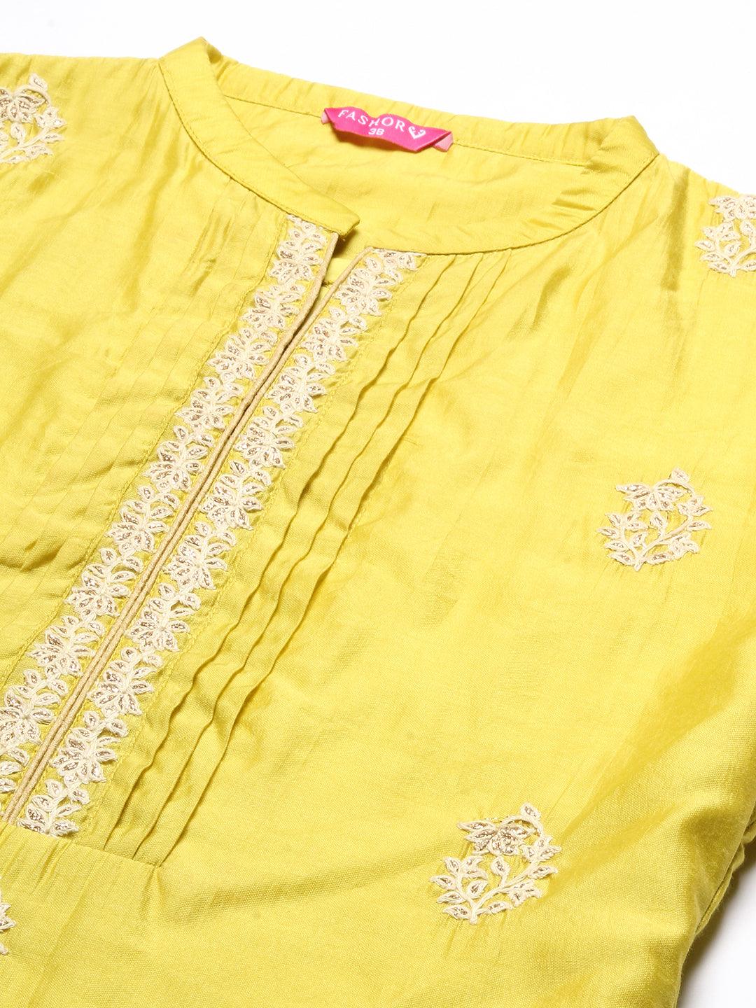 Ethnic Embroidered Straight Kurta with Pant & Dupatta - Yellow - Indiakreations