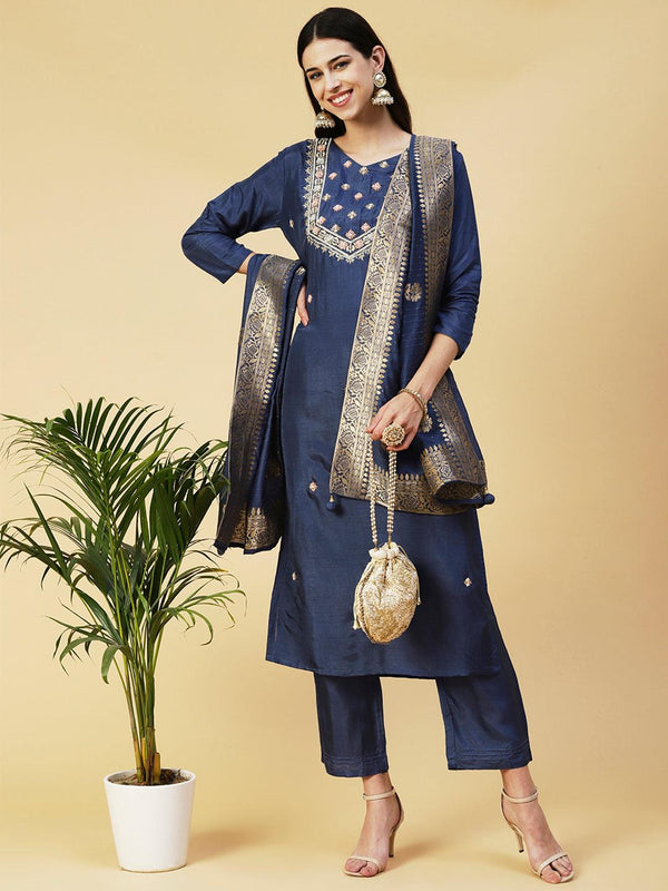 Floral Hand Embroidered Straight Kurta with Pant & Dupatta - Blue - Indiakreations