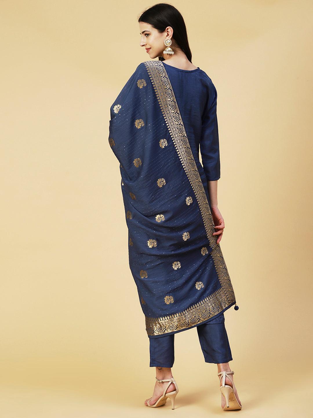 Floral Hand Embroidered Straight Kurta with Pant & Dupatta - Blue - Indiakreations