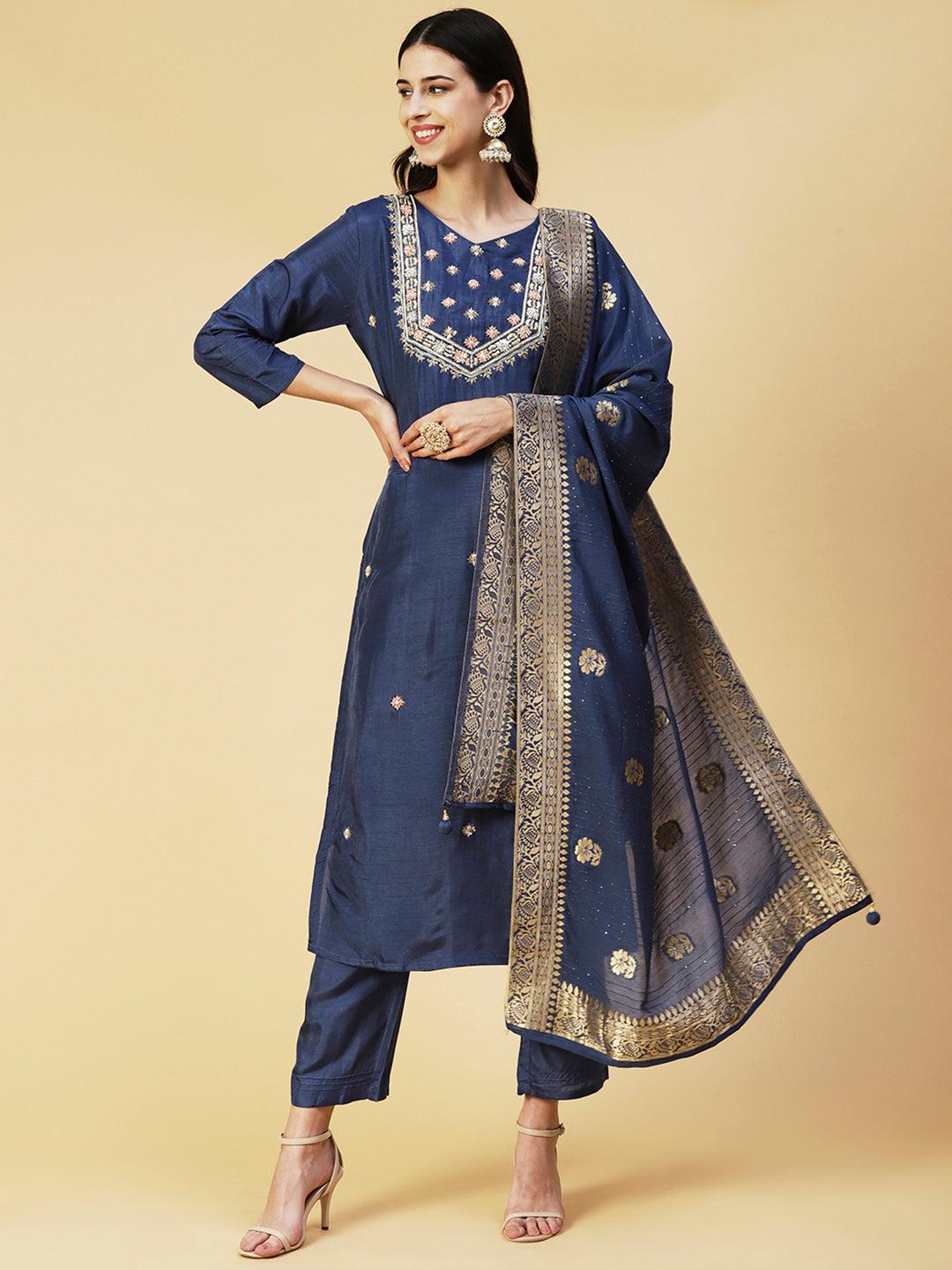 Floral Hand Embroidered Straight Kurta with Pant & Dupatta - Blue - Indiakreations