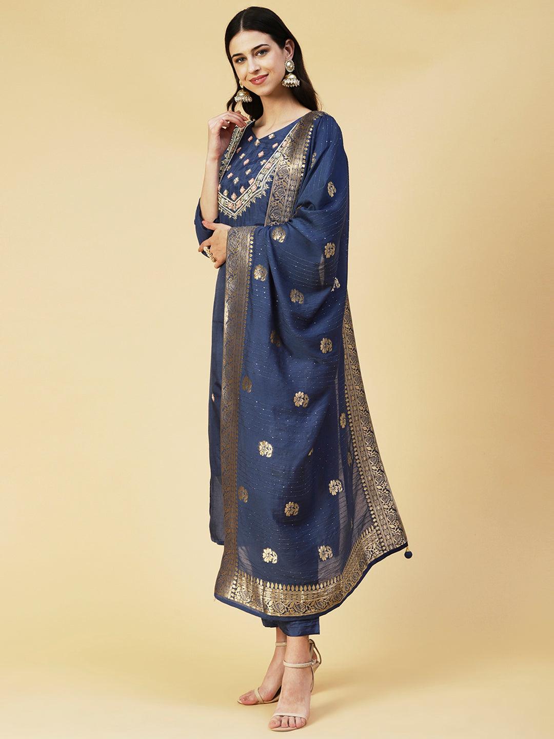 Floral Hand Embroidered Straight Kurta with Pant & Dupatta - Blue - Indiakreations