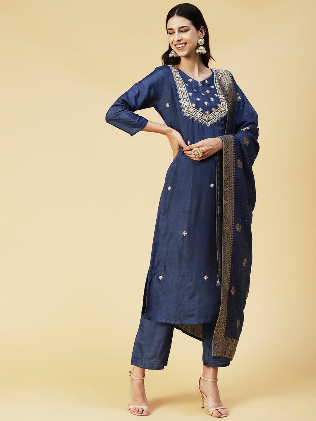 Floral Hand Embroidered Straight Kurta with Pant & Dupatta - Blue - Indiakreations