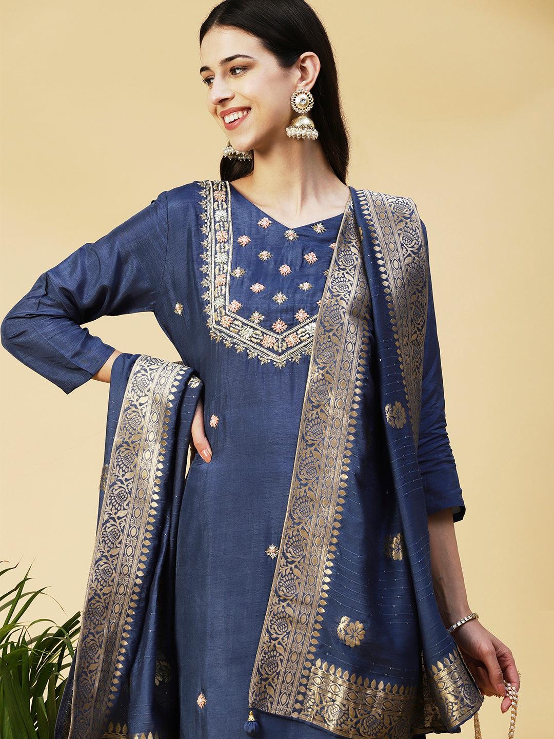 Floral Hand Embroidered Straight Kurta with Pant & Dupatta - Blue - Indiakreations