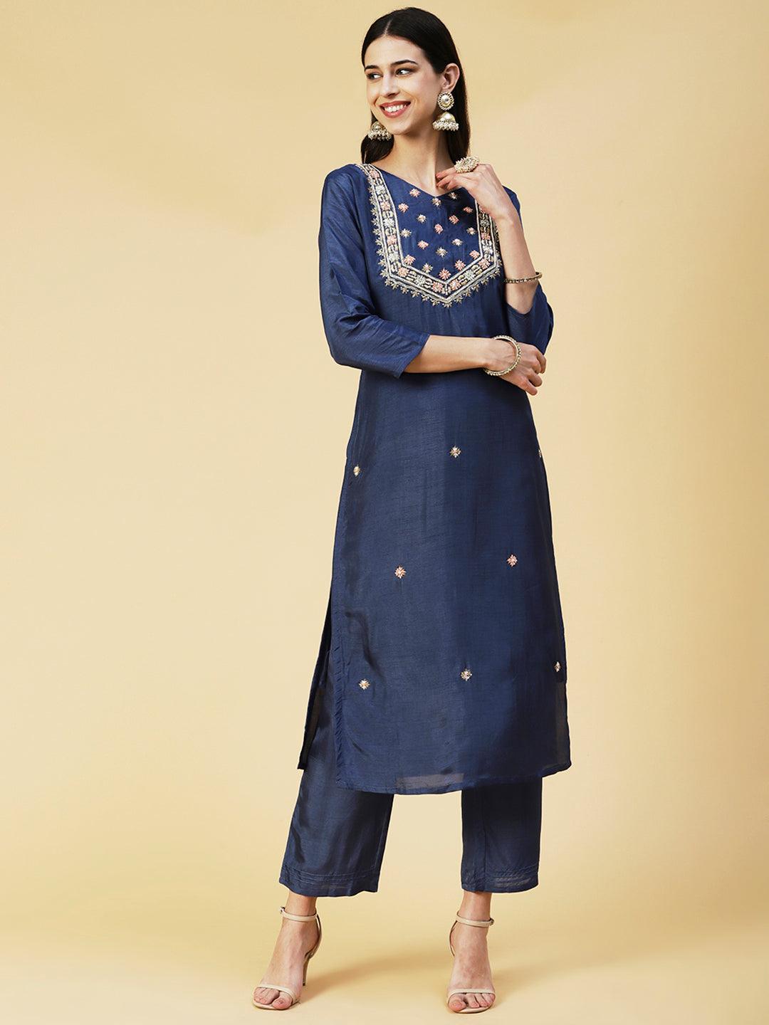 Floral Hand Embroidered Straight Kurta with Pant & Dupatta - Blue - Indiakreations