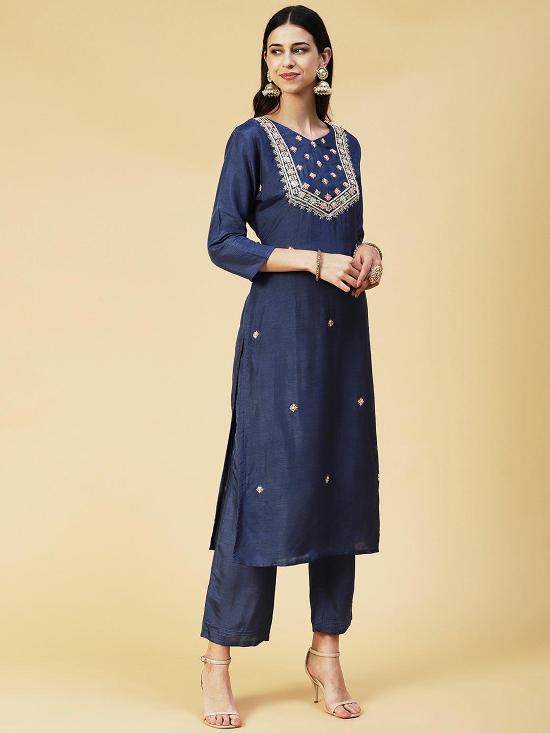 Floral Hand Embroidered Straight Kurta with Pant & Dupatta - Blue - Indiakreations