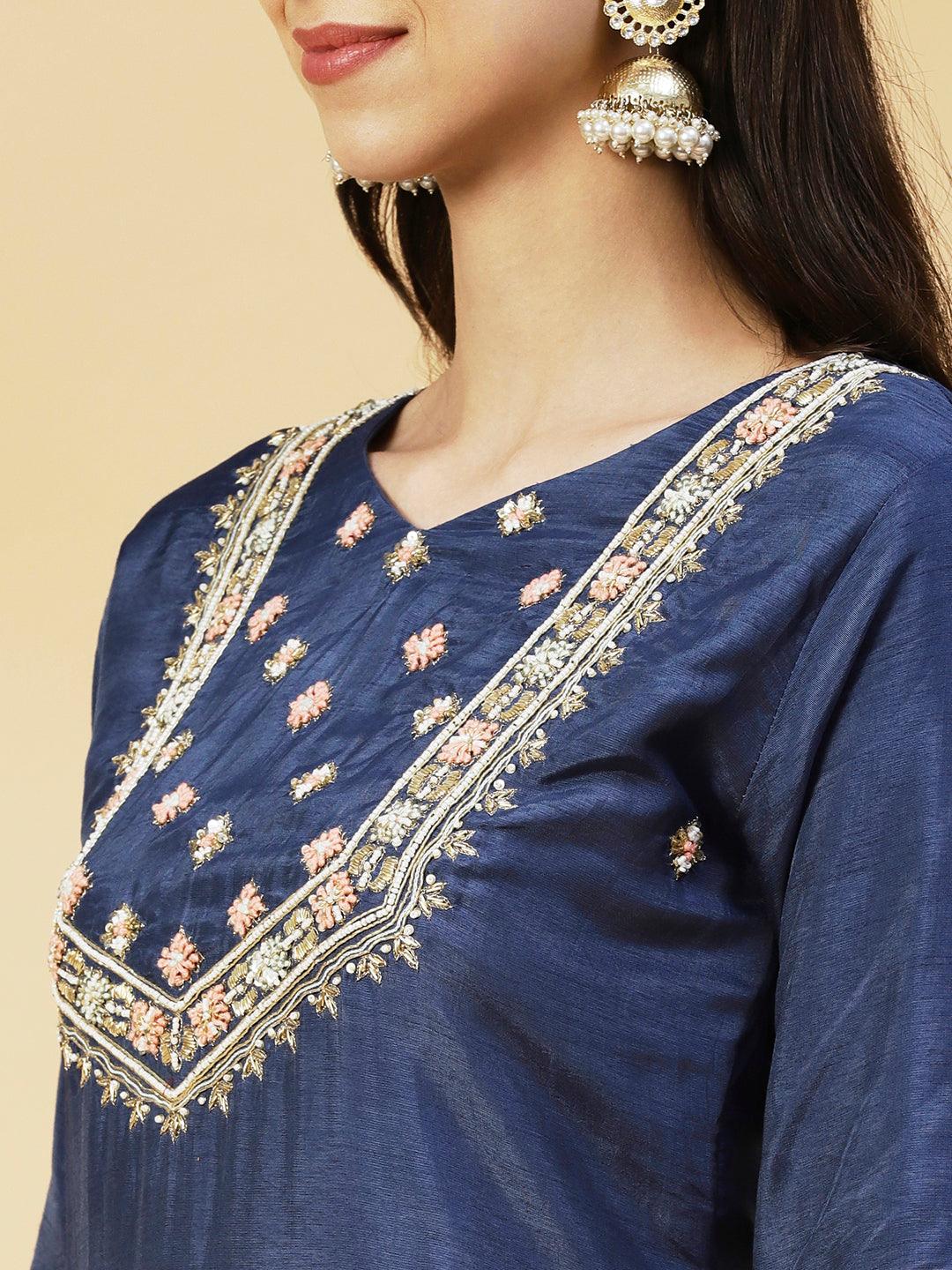 Floral Hand Embroidered Straight Kurta with Pant & Dupatta - Blue - Indiakreations