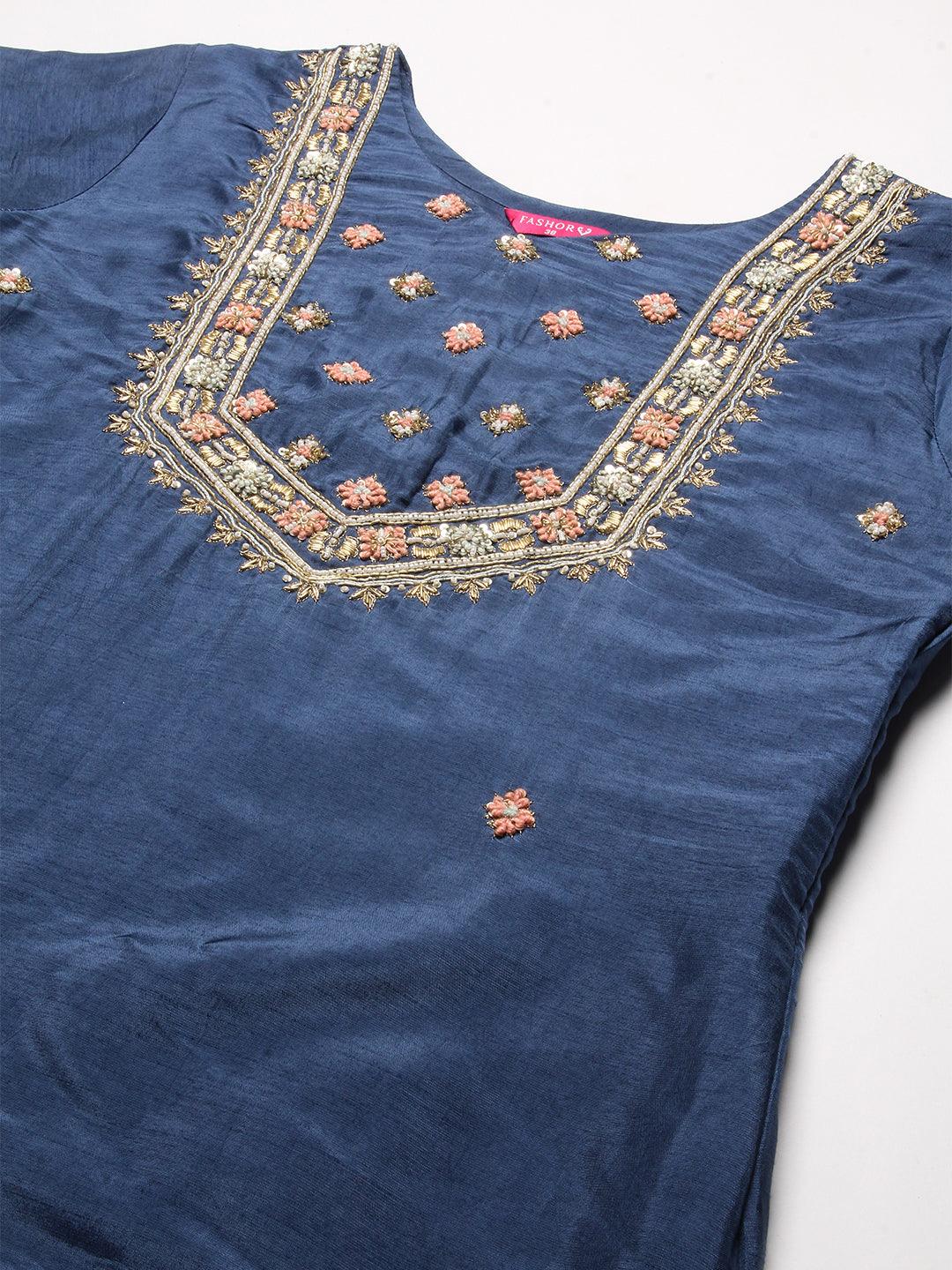 Floral Hand Embroidered Straight Kurta with Pant & Dupatta - Blue - Indiakreations