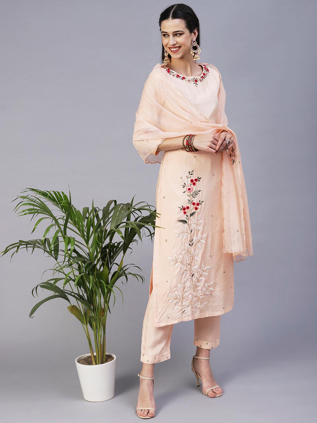 Solid Resham & Sequins Embroidered Kurta With Pants & Dupatta - Peach - Indiakreations