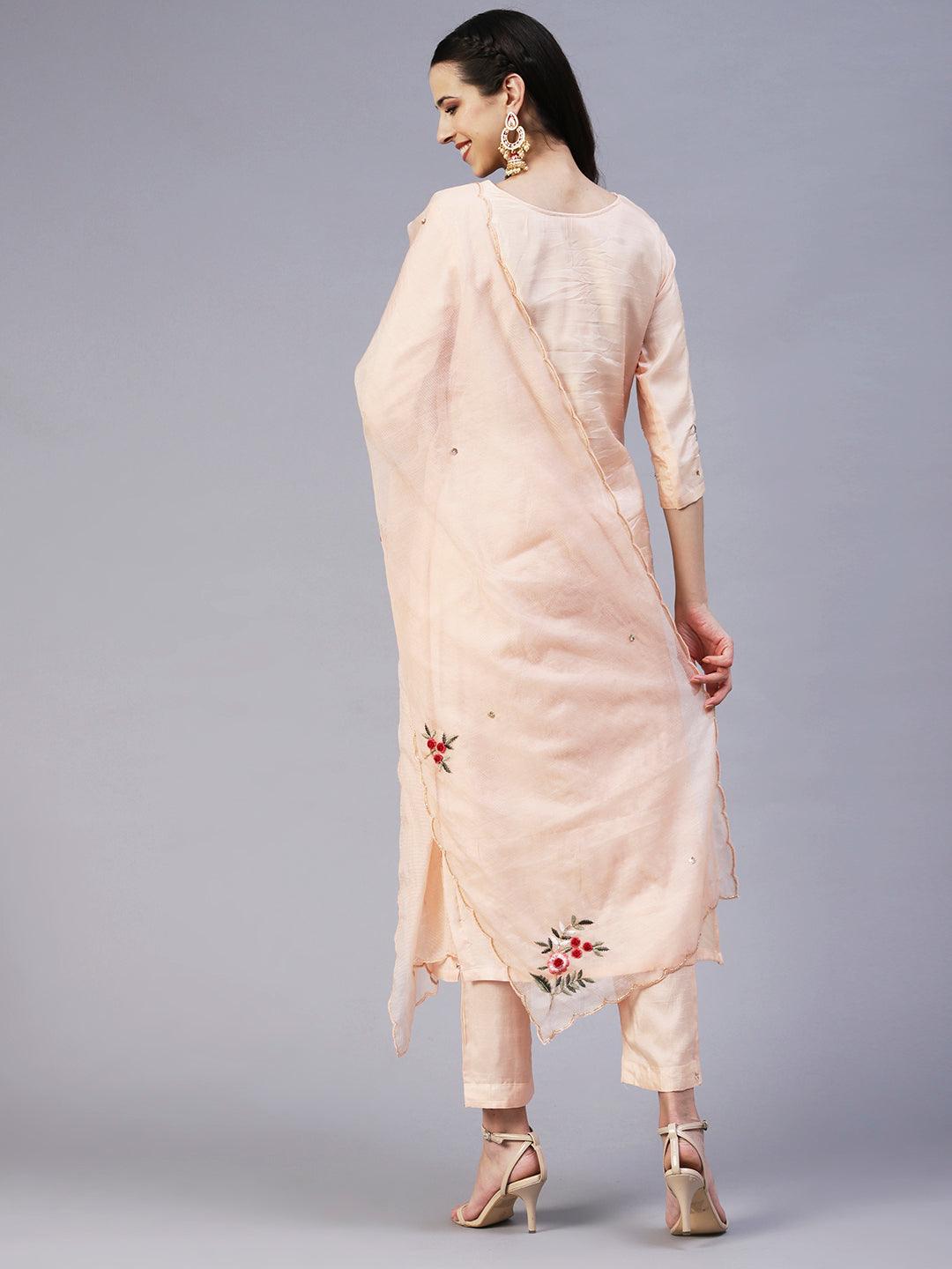 Solid Resham & Sequins Embroidered Kurta With Pants & Dupatta - Peach - Indiakreations