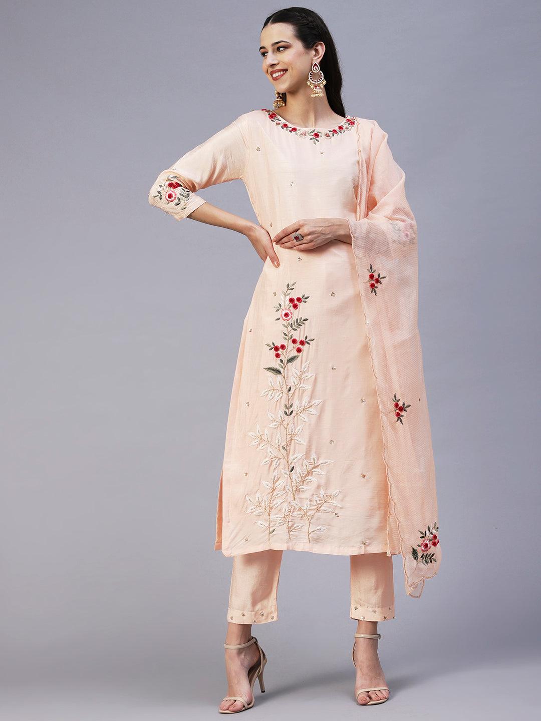 Solid Resham & Sequins Embroidered Kurta With Pants & Dupatta - Peach - Indiakreations