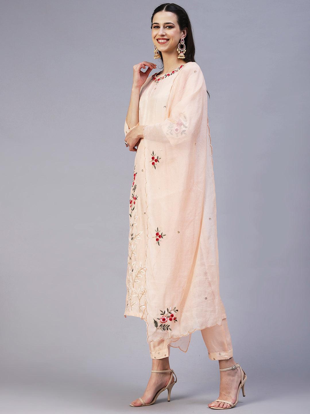 Solid Resham & Sequins Embroidered Kurta With Pants & Dupatta - Peach - Indiakreations