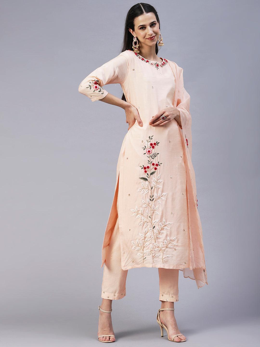 Solid Resham & Sequins Embroidered Kurta With Pants & Dupatta - Peach - Indiakreations