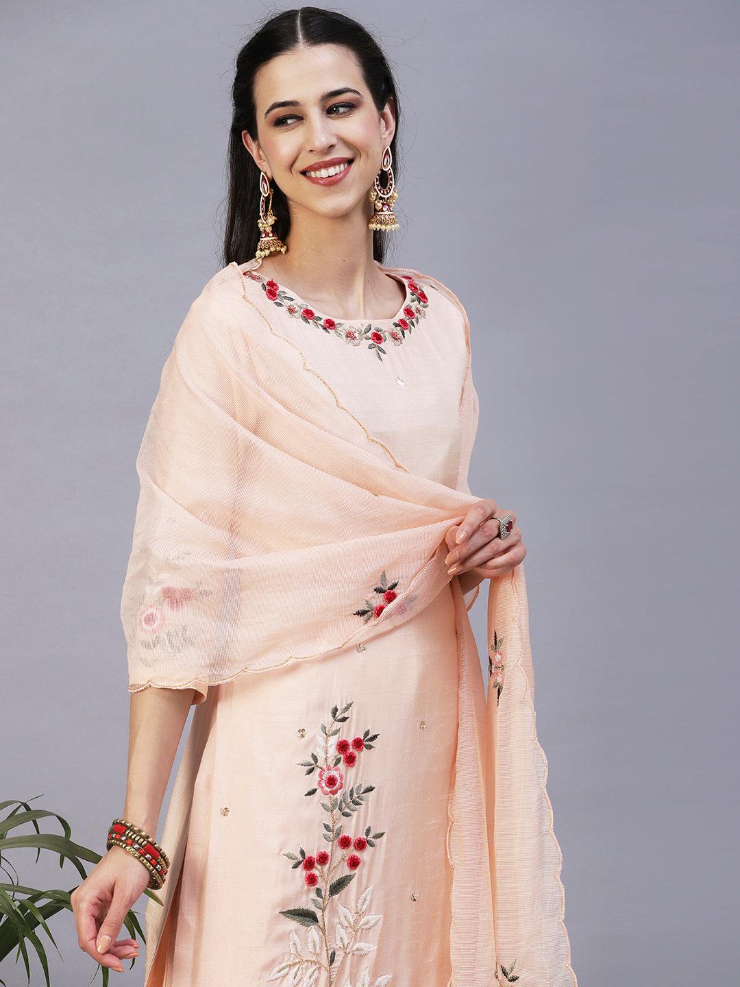 Solid Resham & Sequins Embroidered Kurta With Pants & Dupatta - Peach - Indiakreations