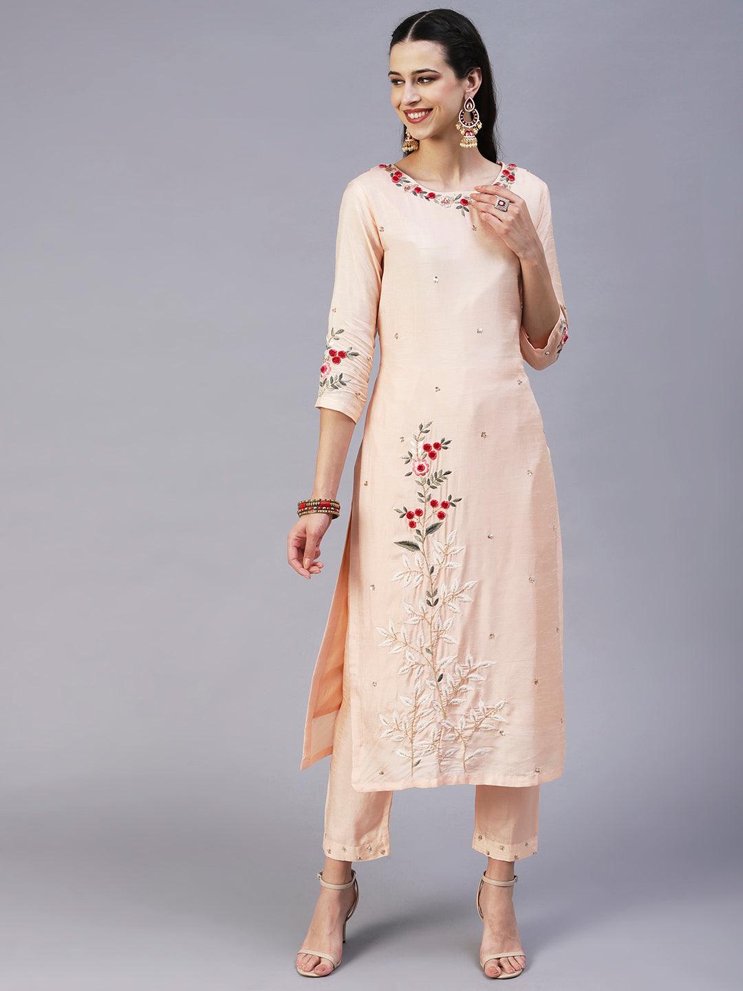 Solid Resham & Sequins Embroidered Kurta With Pants & Dupatta - Peach - Indiakreations