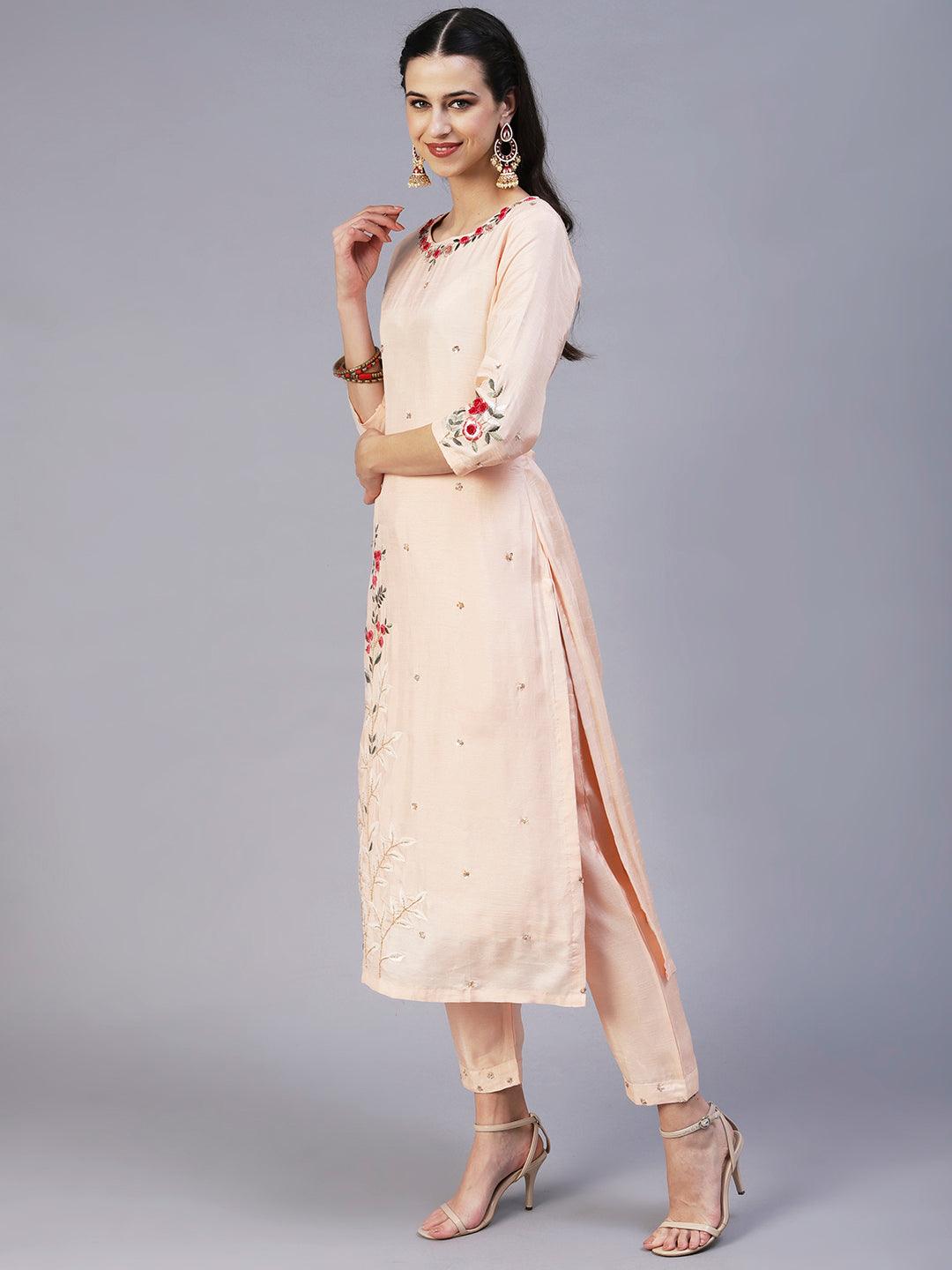 Solid Resham & Sequins Embroidered Kurta With Pants & Dupatta - Peach - Indiakreations