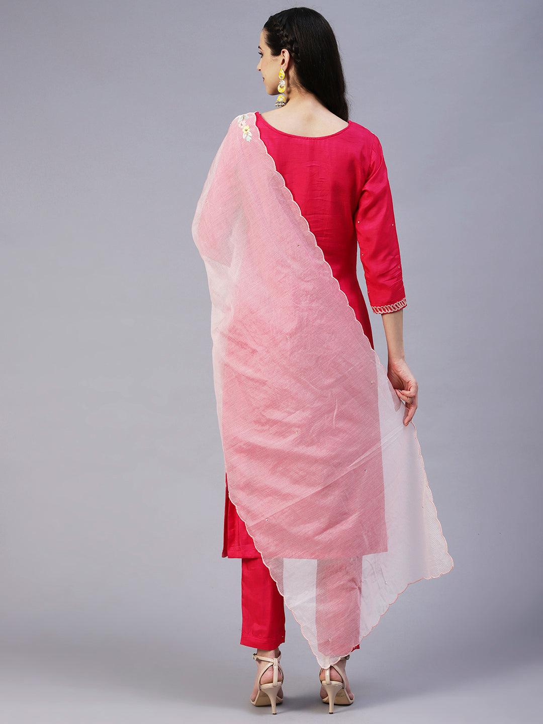 Solid Hand Embroidered Kurta With Pants & Dupatta - Magenta - Indiakreations