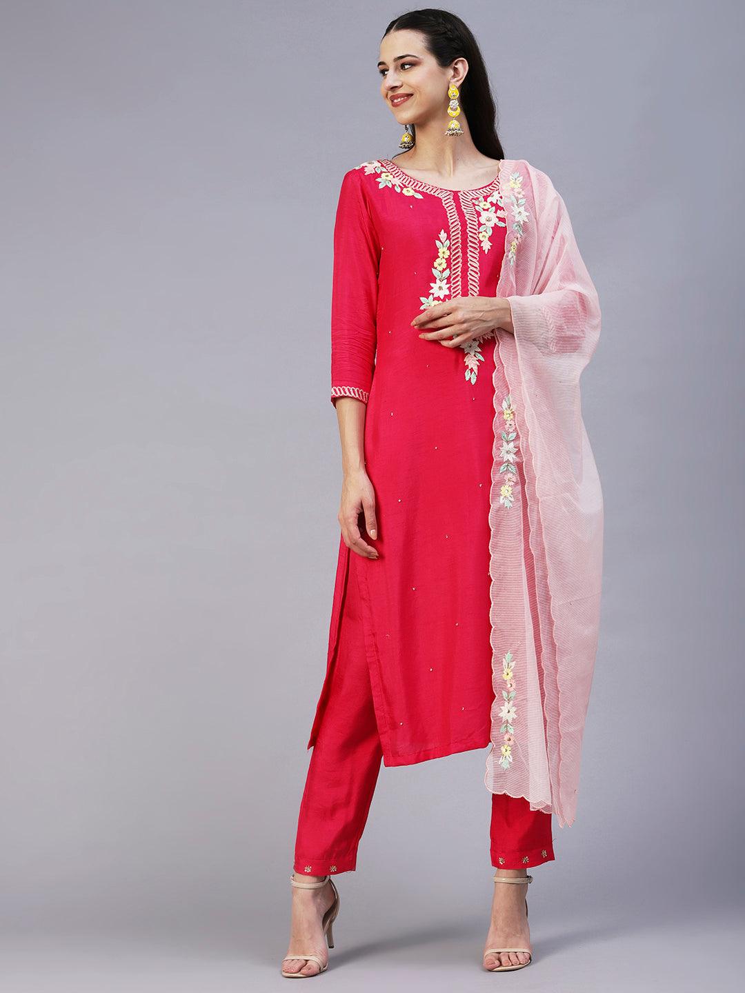 Solid Hand Embroidered Kurta With Pants & Dupatta - Magenta - Indiakreations