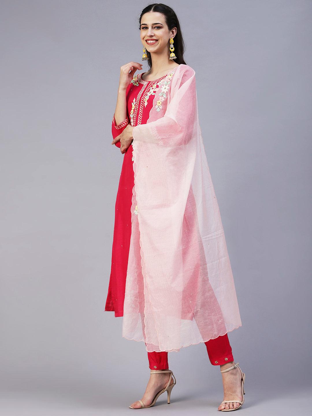 Solid Hand Embroidered Kurta With Pants & Dupatta - Magenta - Indiakreations