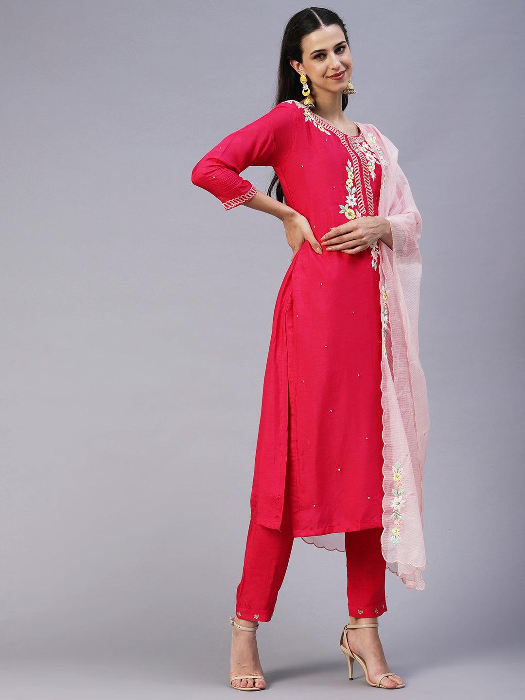 Solid Hand Embroidered Kurta With Pants & Dupatta - Magenta - Indiakreations