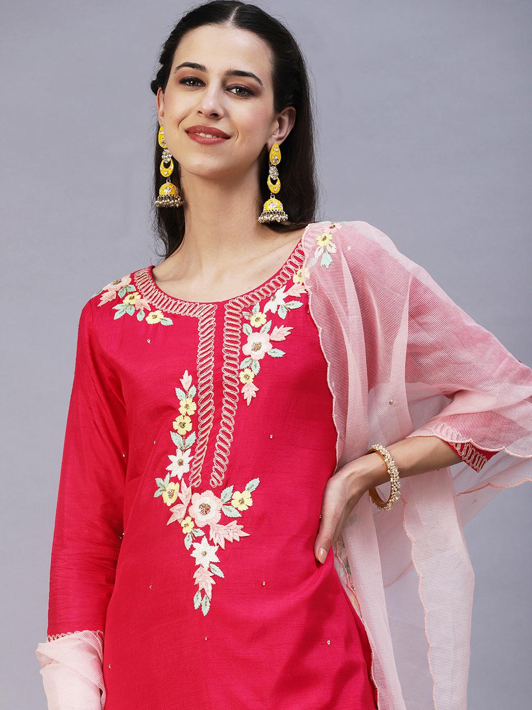 Solid Hand Embroidered Kurta With Pants & Dupatta - Magenta - Indiakreations