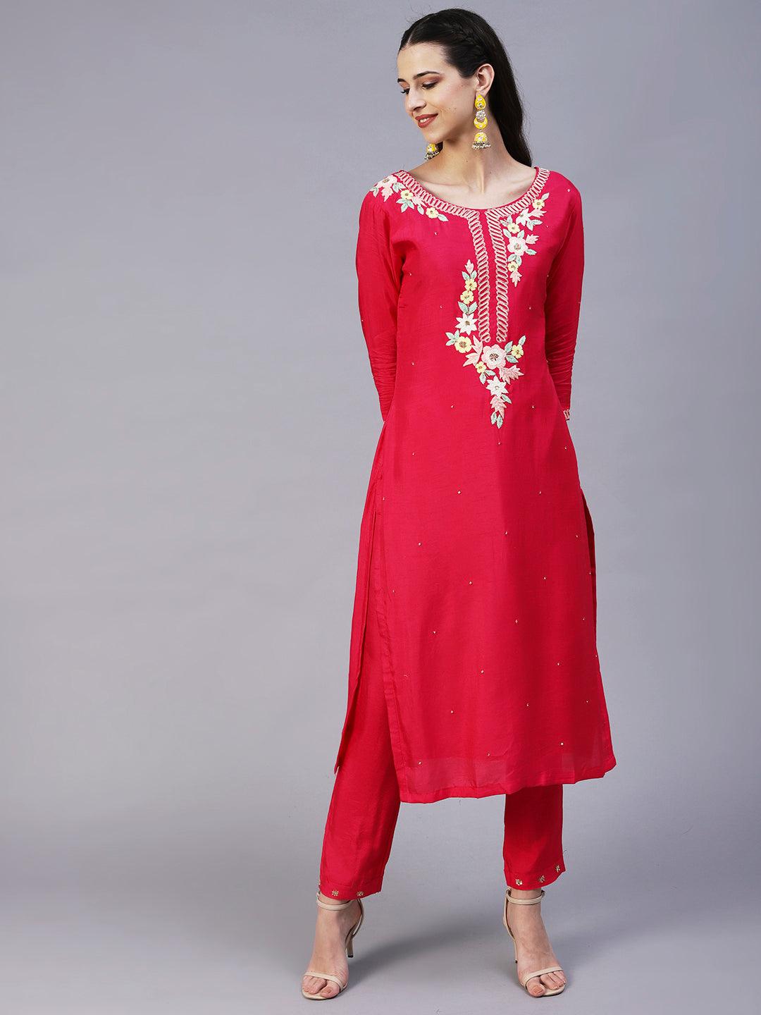 Solid Hand Embroidered Kurta With Pants & Dupatta - Magenta - Indiakreations