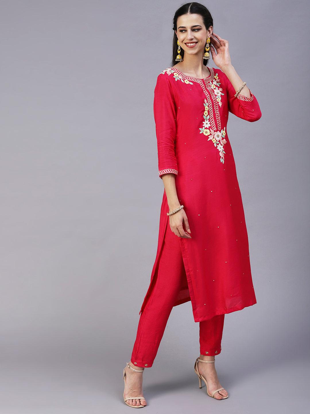 Solid Hand Embroidered Kurta With Pants & Dupatta - Magenta - Indiakreations