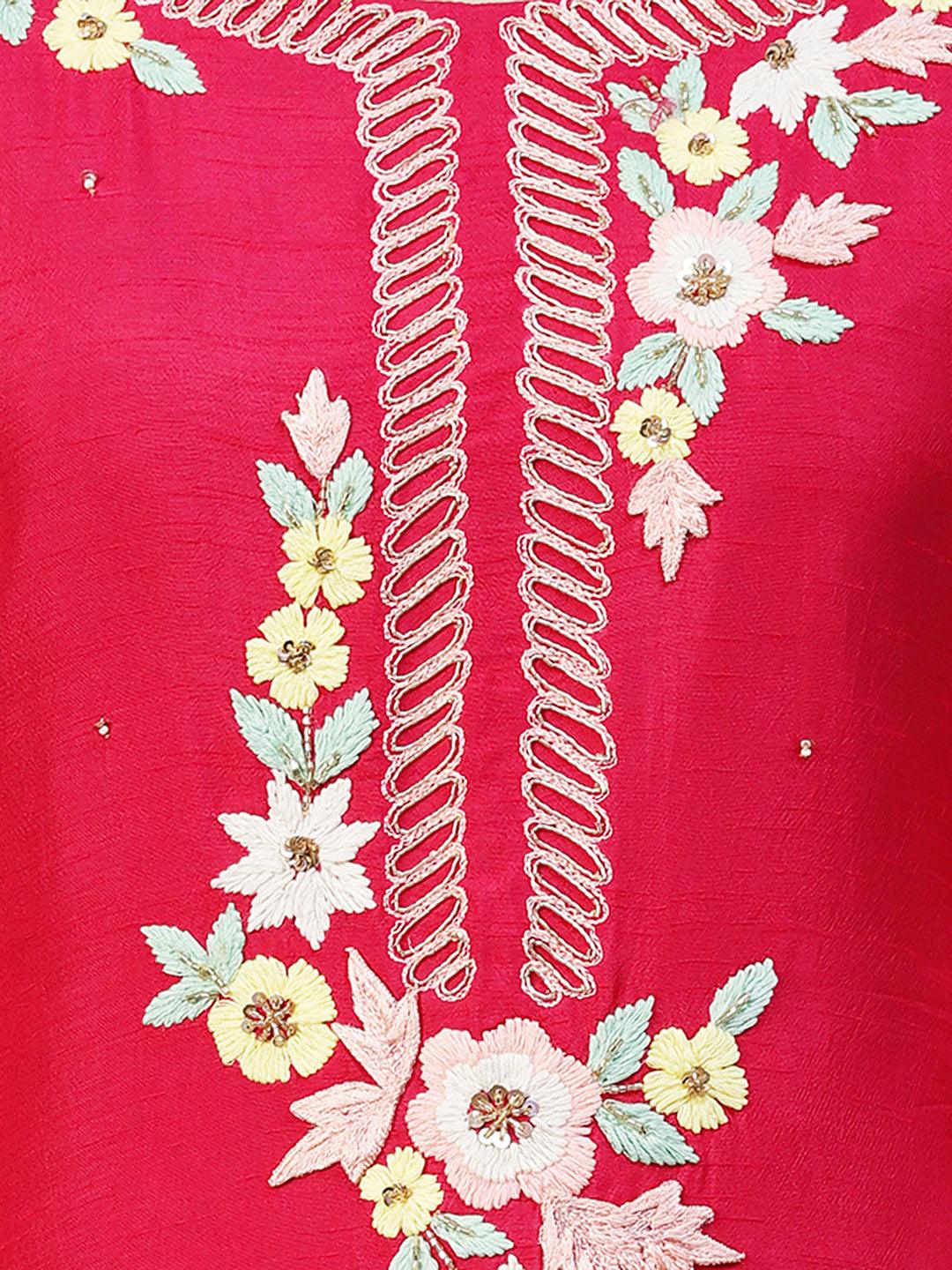 Solid Hand Embroidered Kurta With Pants & Dupatta - Magenta - Indiakreations