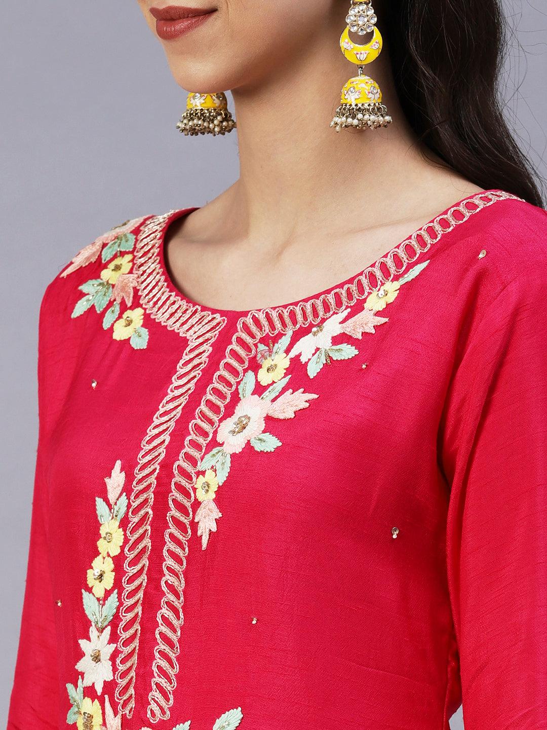 Solid Hand Embroidered Kurta With Pants & Dupatta - Magenta - Indiakreations