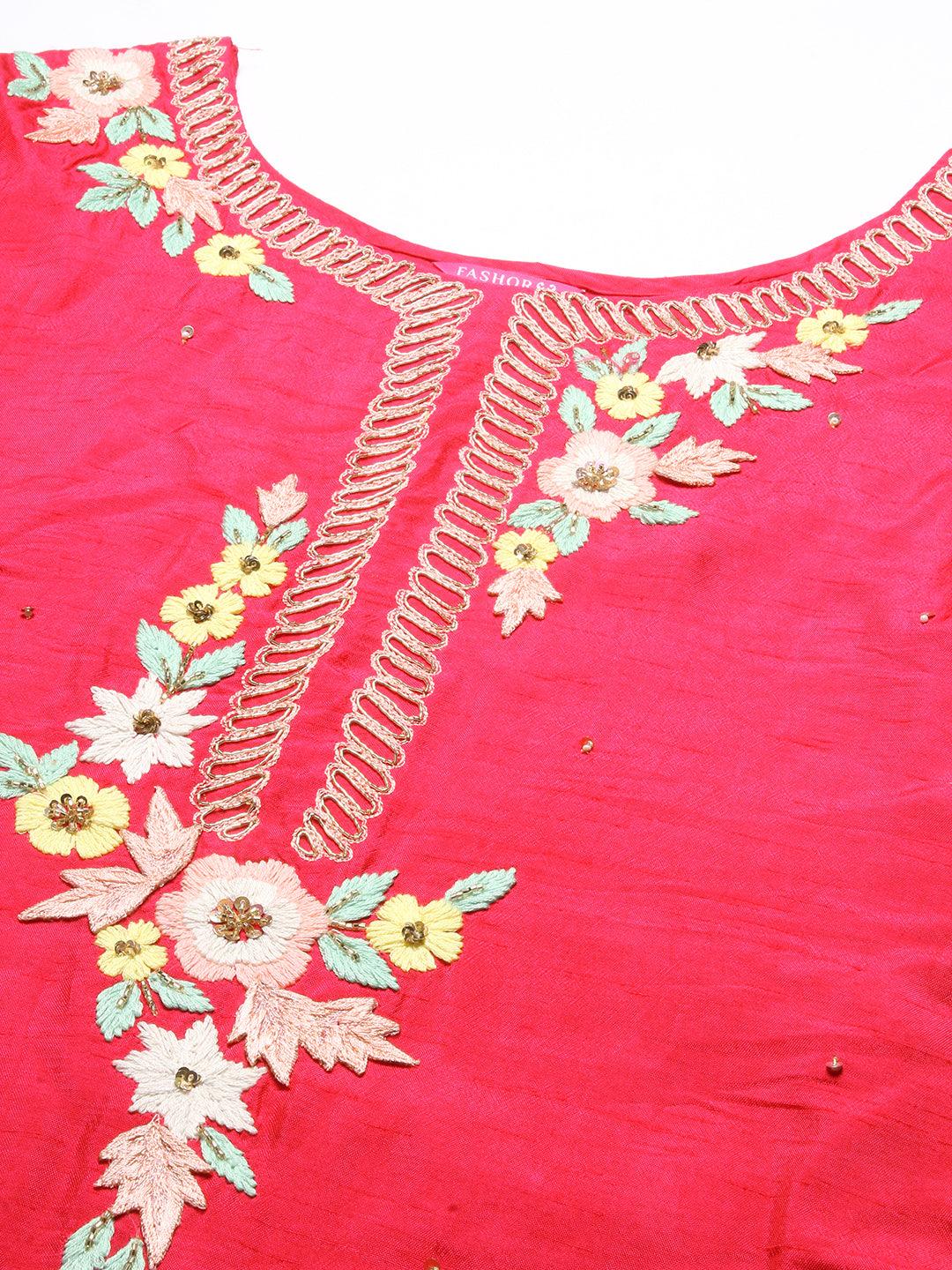 Solid Hand Embroidered Kurta With Pants & Dupatta - Magenta - Indiakreations