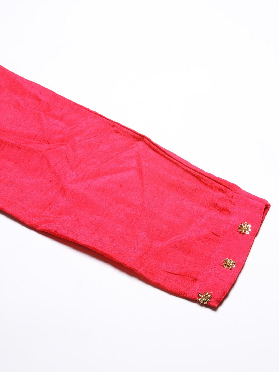 Solid Hand Embroidered Kurta With Pants & Dupatta - Magenta - Indiakreations