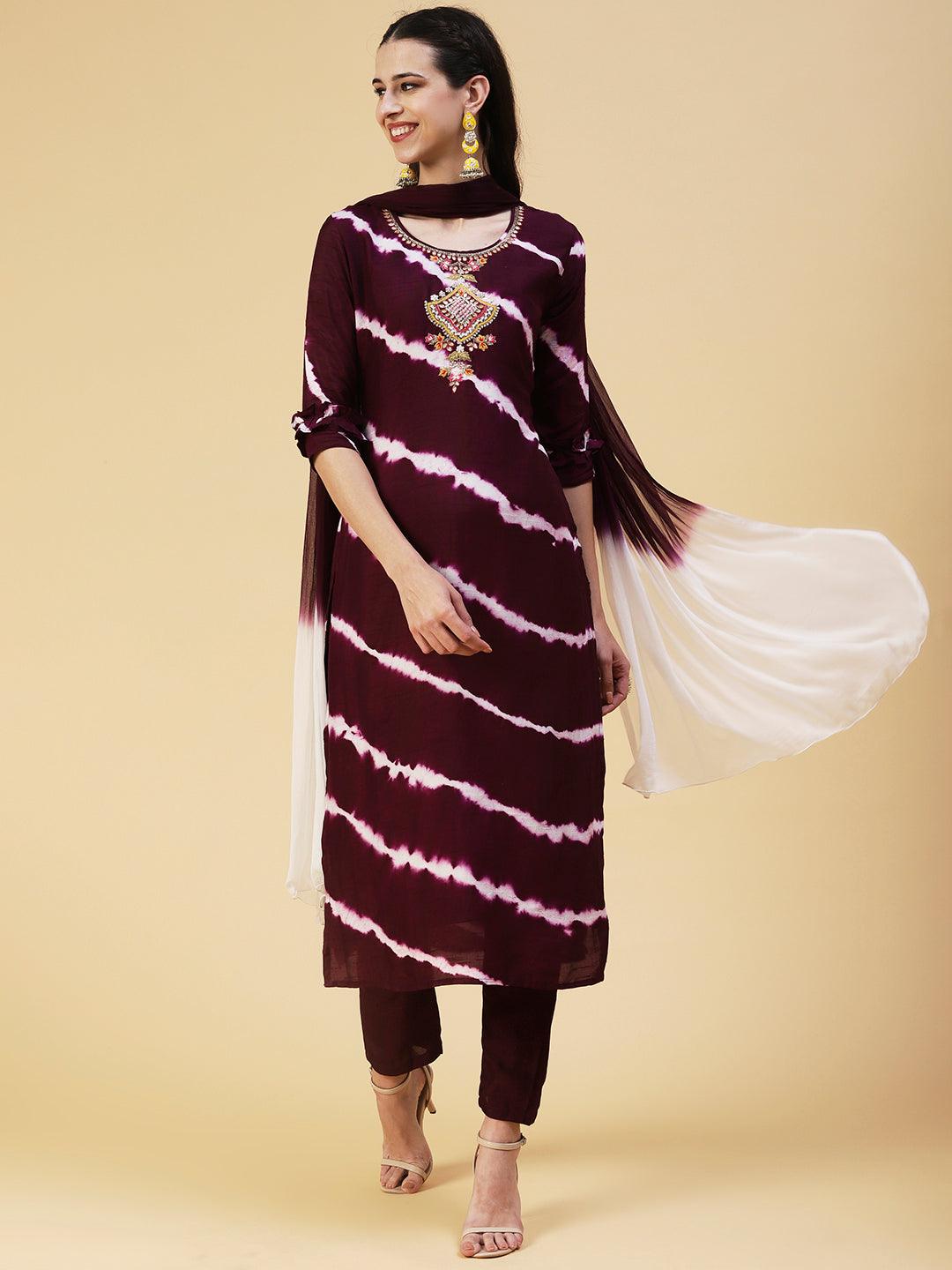 Lehriya Printed Gotapatti Embroidered Kurta With Pants & Dupatta - Dark Mauve - Indiakreations