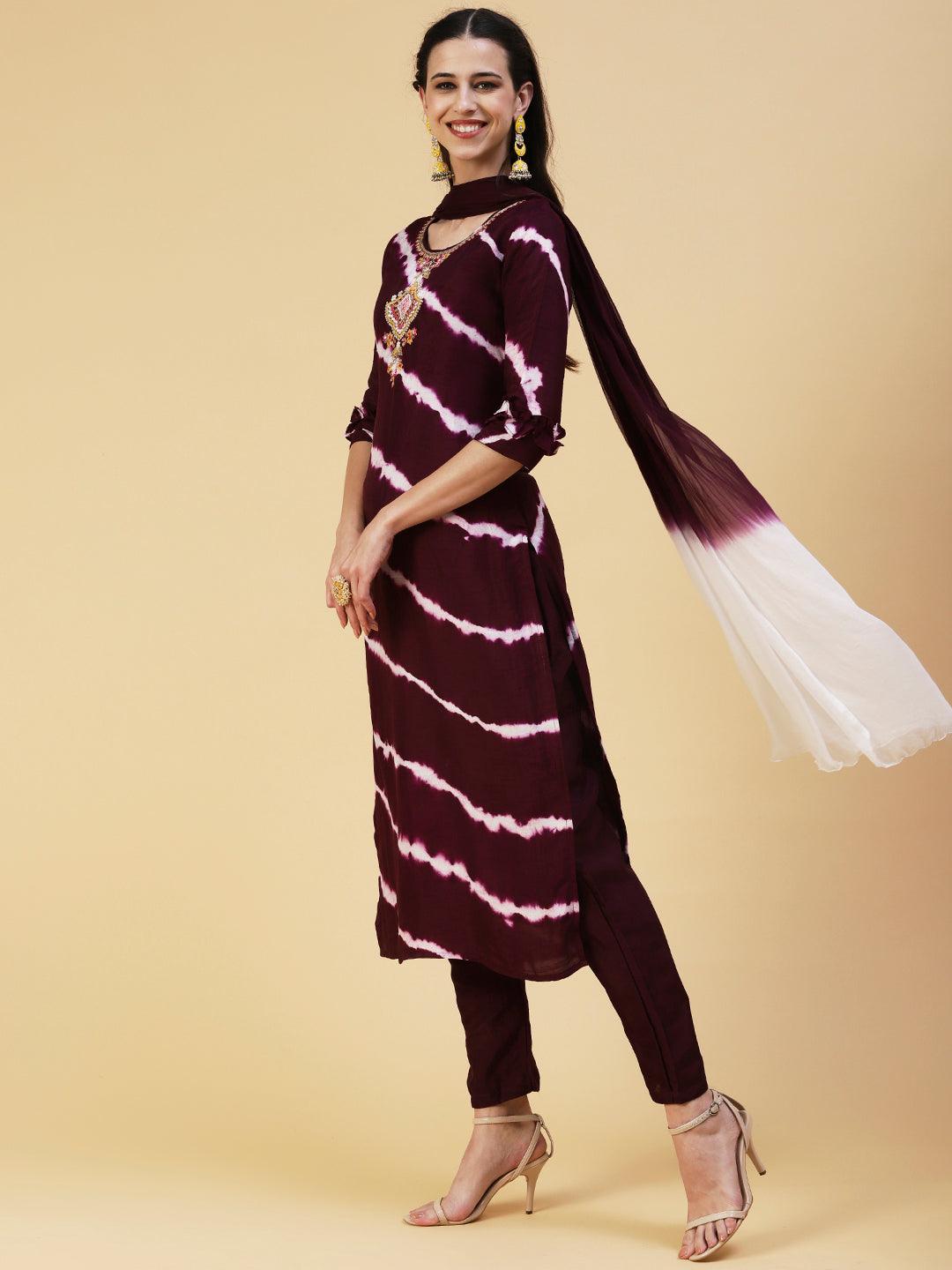 Lehriya Printed Gotapatti Embroidered Kurta With Pants & Dupatta - Dark Mauve - Indiakreations