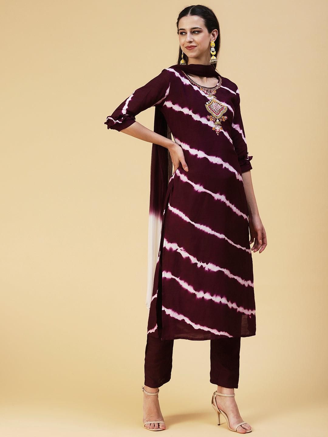 Lehriya Printed Gotapatti Embroidered Kurta With Pants & Dupatta - Dark Mauve - Indiakreations