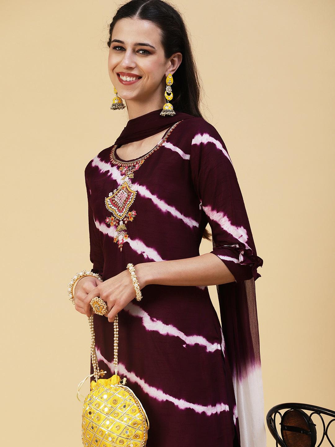 Lehriya Printed Gotapatti Embroidered Kurta With Pants & Dupatta - Dark Mauve - Indiakreations