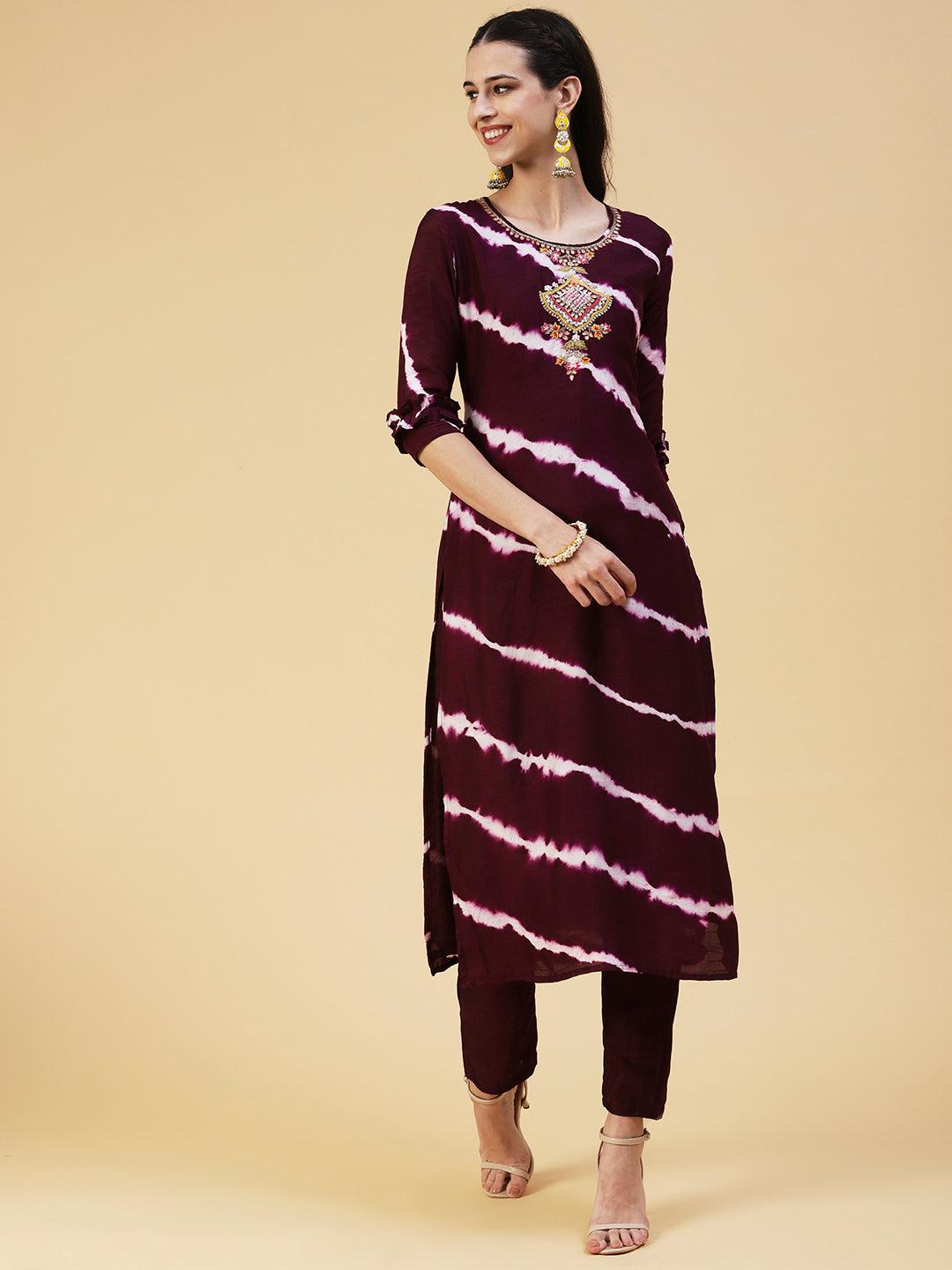 Lehriya Printed Gotapatti Embroidered Kurta With Pants & Dupatta - Dark Mauve - Indiakreations