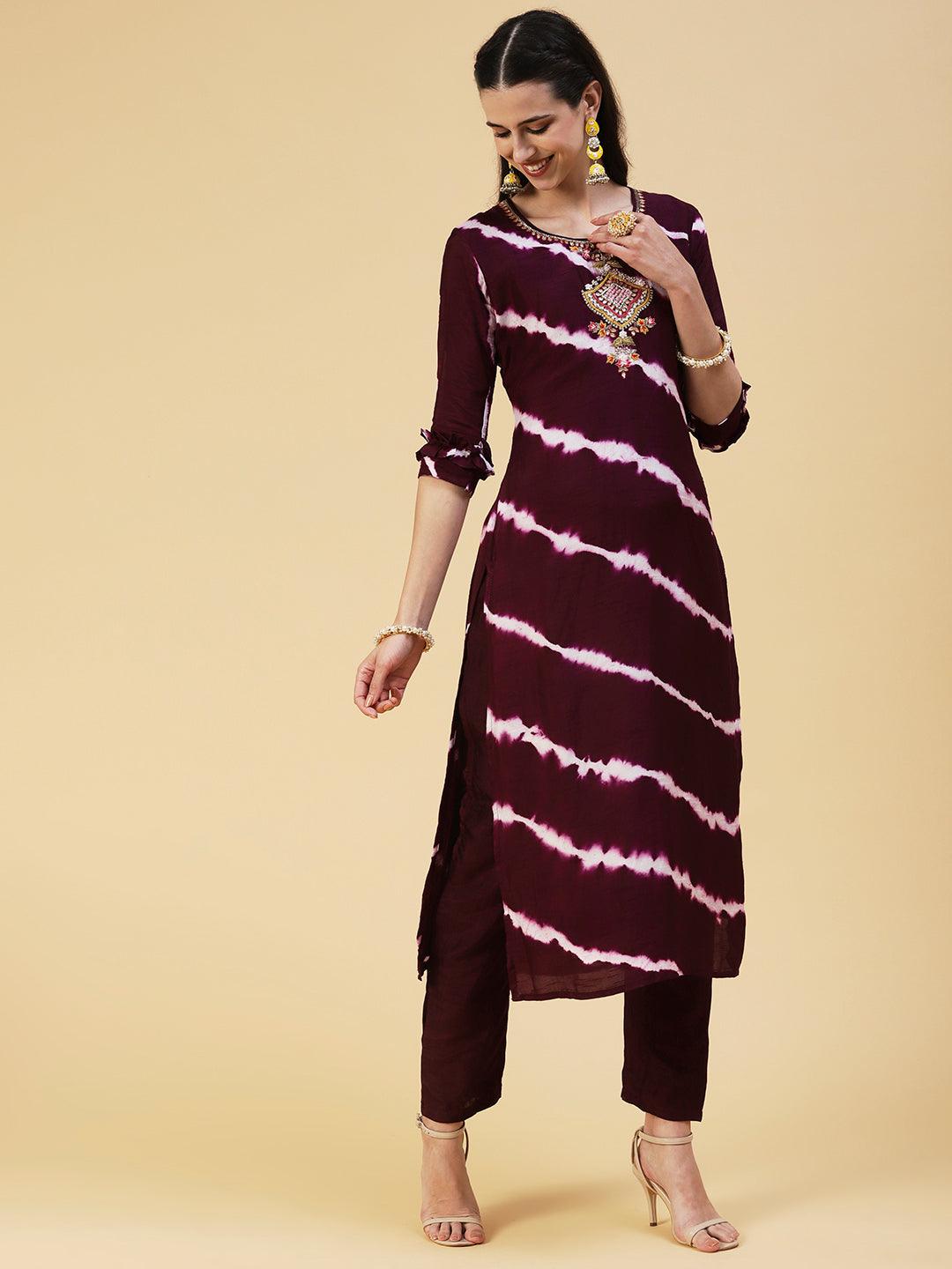 Lehriya Printed Gotapatti Embroidered Kurta With Pants & Dupatta - Dark Mauve - Indiakreations