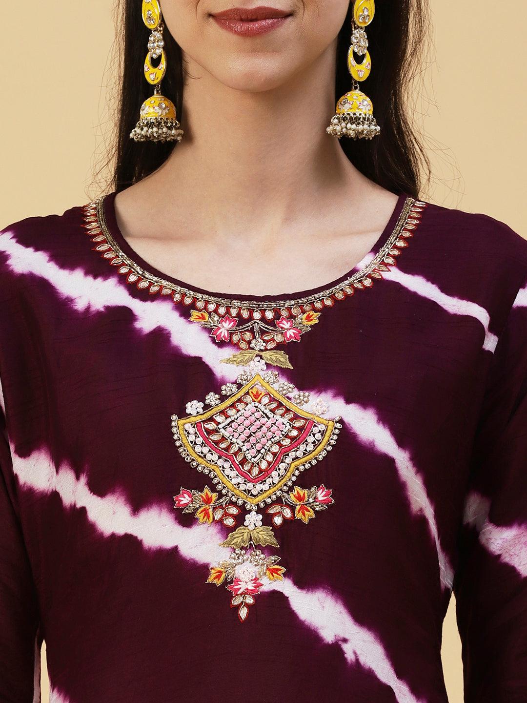 Lehriya Printed Gotapatti Embroidered Kurta With Pants & Dupatta - Dark Mauve - Indiakreations