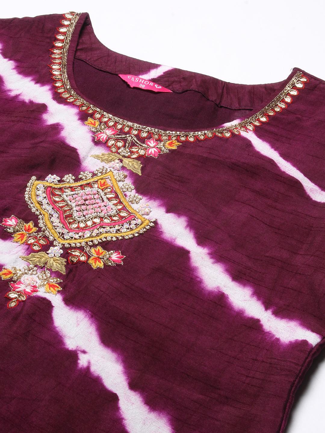 Lehriya Printed Gotapatti Embroidered Kurta With Pants & Dupatta - Dark Mauve - Indiakreations