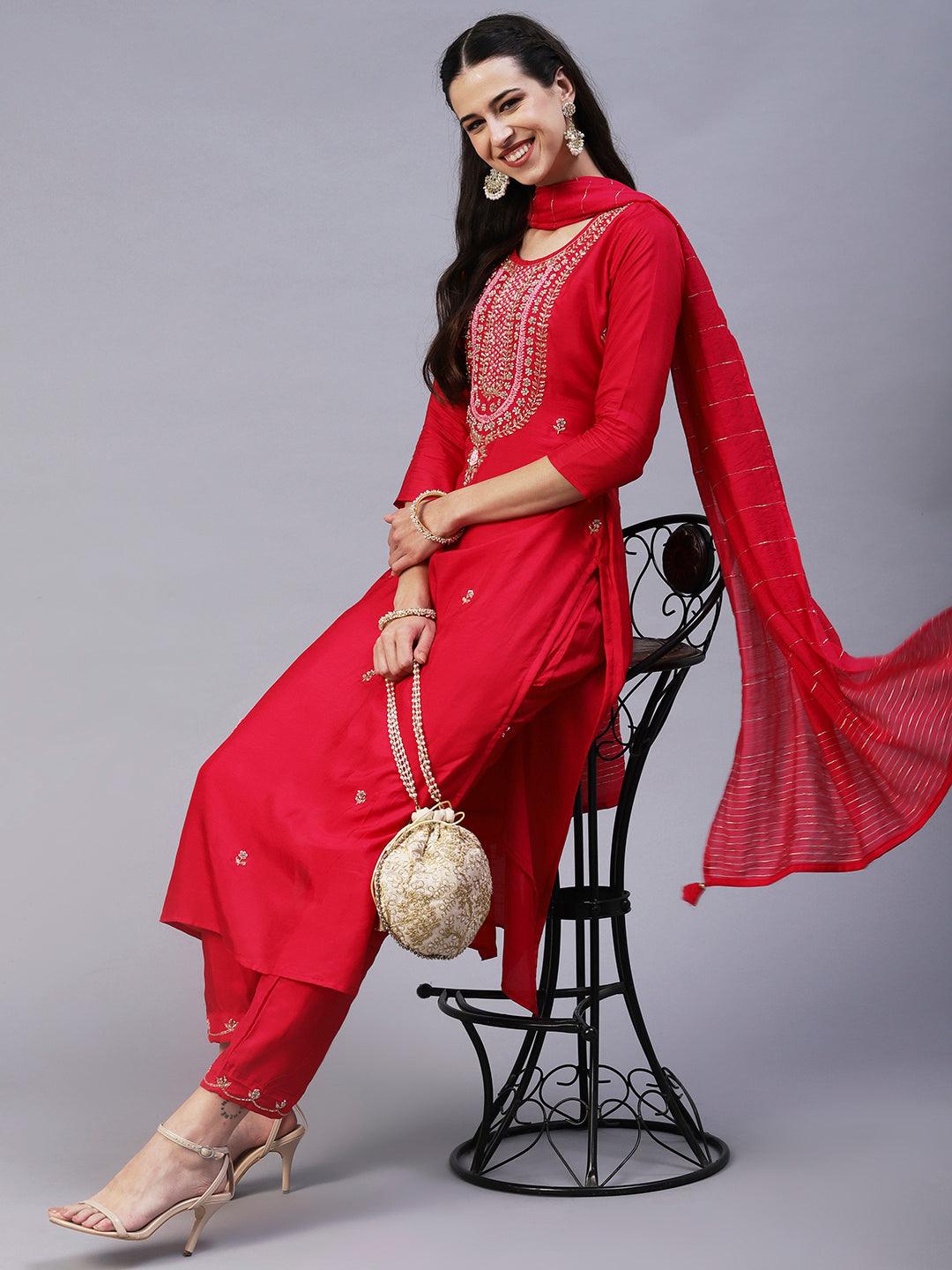 Solid Zardozi Embroidered Kurta With Pants & Dupatta - Magenta - Indiakreations