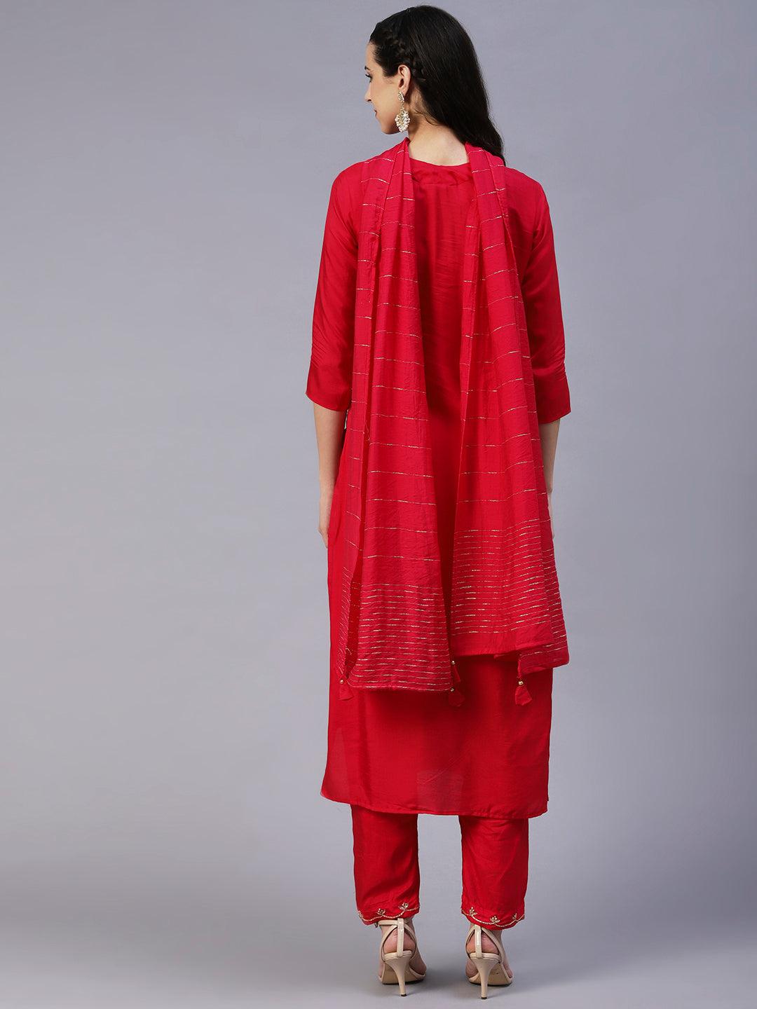 Solid Zardozi Embroidered Kurta With Pants & Dupatta - Magenta - Indiakreations