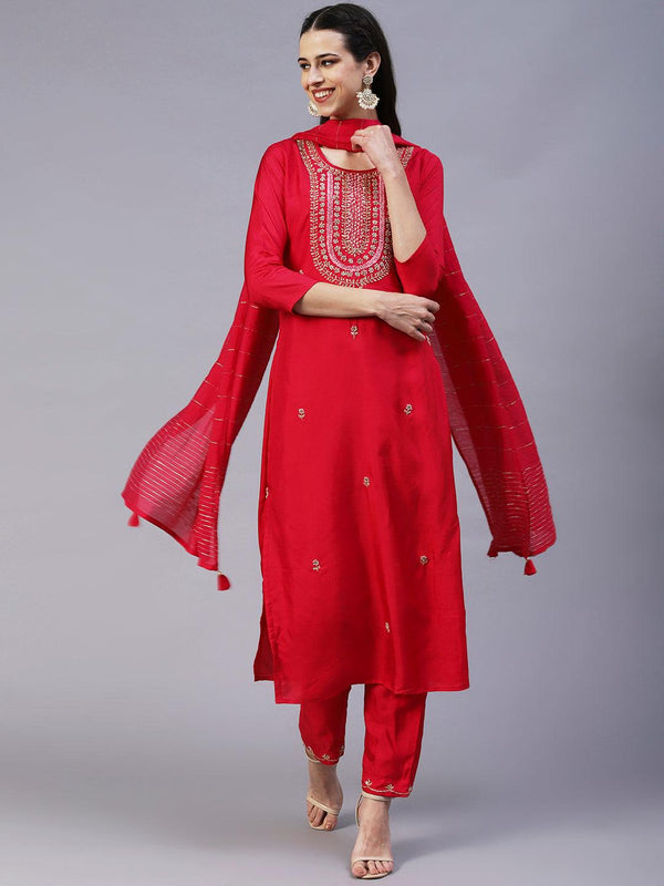 Solid Zardozi Embroidered Kurta With Pants & Dupatta - Magenta - Indiakreations