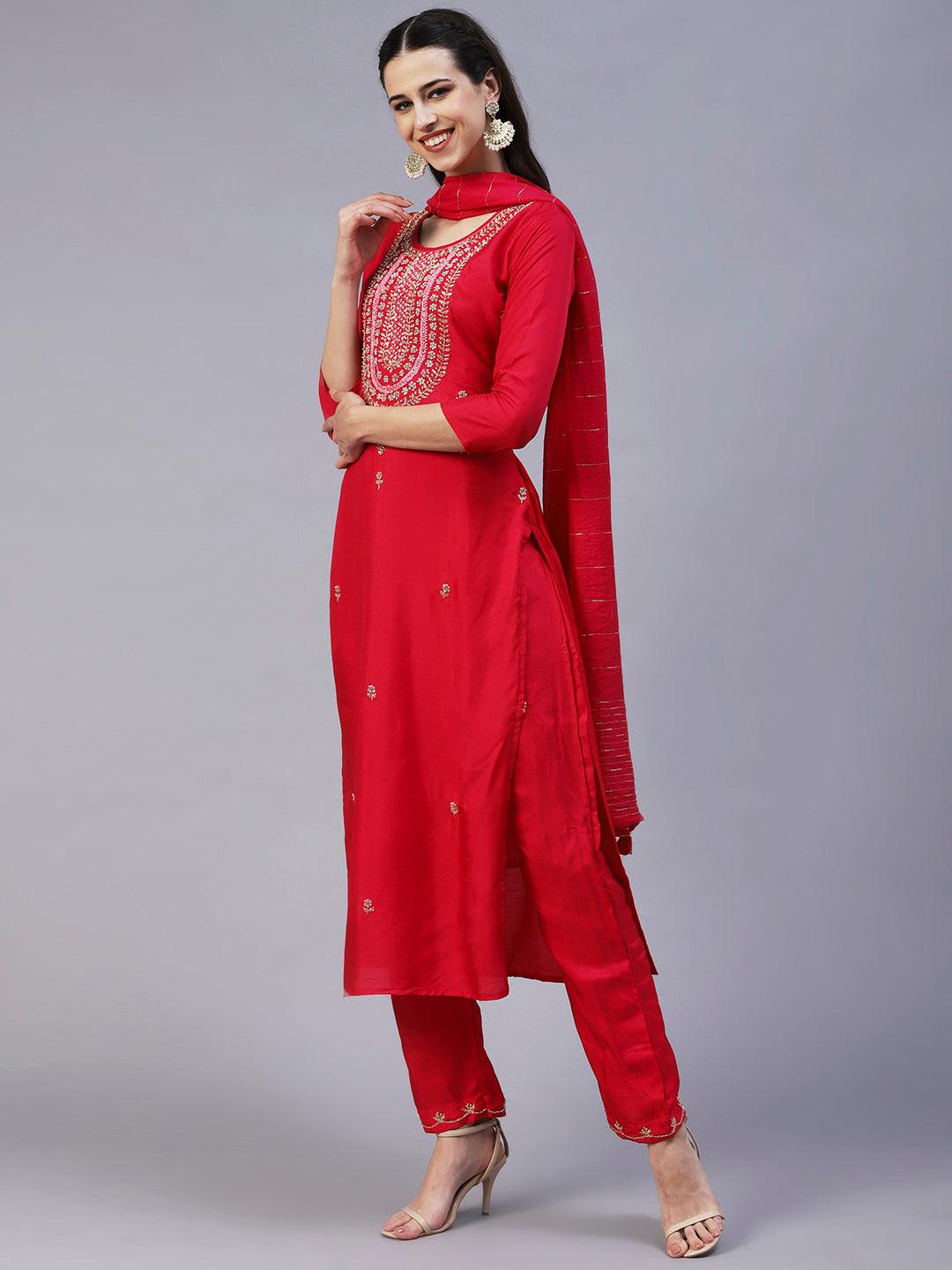 Solid Zardozi Embroidered Kurta With Pants & Dupatta - Magenta - Indiakreations