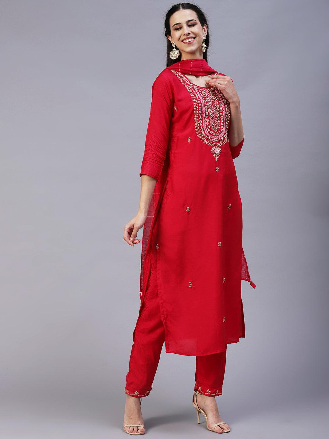 Solid Zardozi Embroidered Kurta With Pants & Dupatta - Magenta - Indiakreations