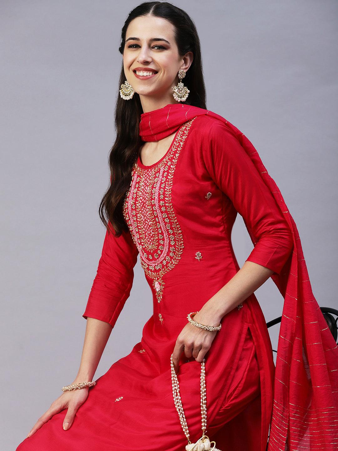 Solid Zardozi Embroidered Kurta With Pants & Dupatta - Magenta - Indiakreations